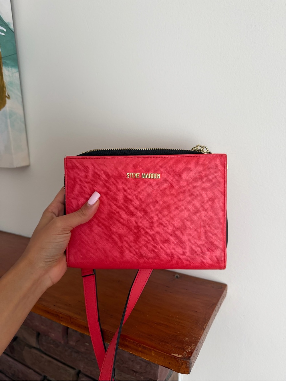Steve Madden Coral-Red Crossbody Bag with Gold Logo